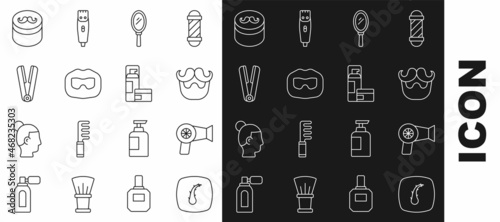 Set line Human hair follicle, Hair dryer, Mustache and beard, Hand mirror, Curling iron for, Gel wax styling and Shaving gel foam icon. Vector