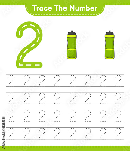 Trace the number. Tracing number with Sport Water Bottle. Educational children game, printable worksheet, vector illustration