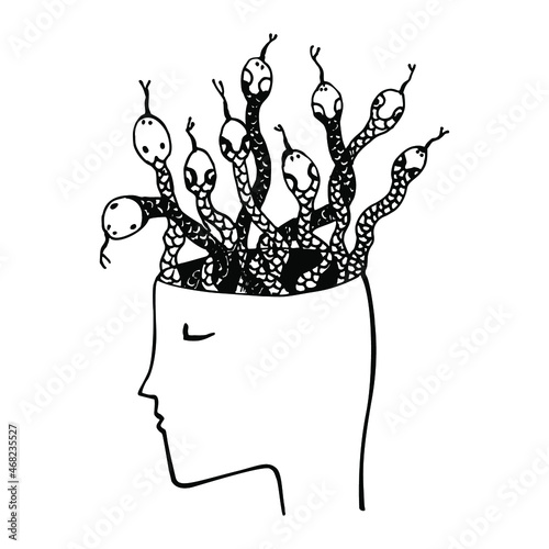 Snakes crawl in the brain. Loneliness, depression, anxiety, stress, psychic illness, psychiatric problems. Mental disorder. Crisis emotion, panic, tension in the life. Linear sketch vector