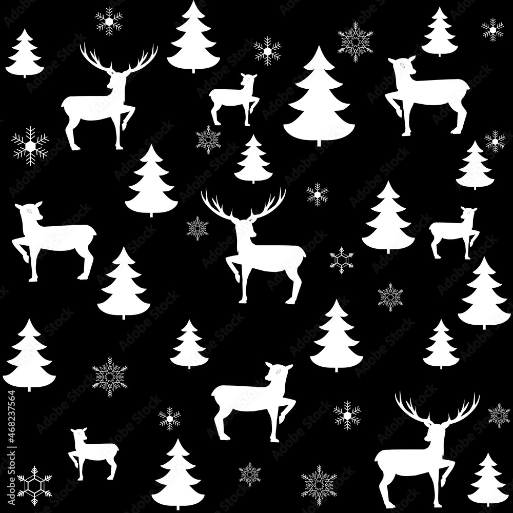 White deer and tree on black seamless pattern.