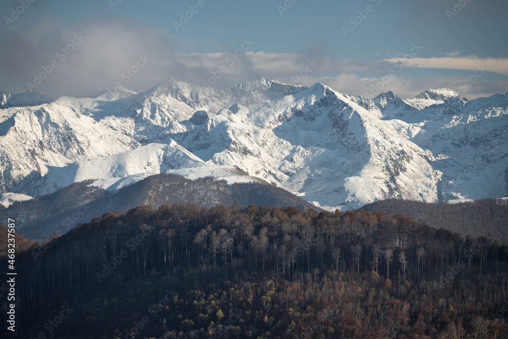 snow capped mountain in the Ariège department in the French Pyrenees seen from the Col de la Core
