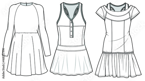  Women Sports Activewear Tennis Dress, Flared Sportswear. Fashion Illustration Vector, CAD, Technical Drawing, Flat Drawing.