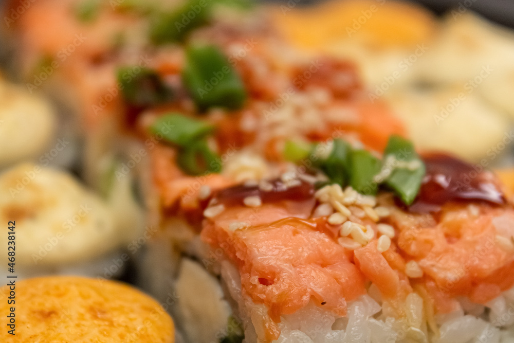 Japanese dish of sushi or rolls close-up. Japanese dish of sushi or rolls close-up.