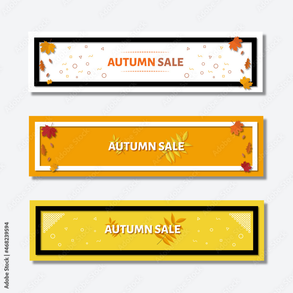 Set of elegant Autumn web banner. Vector illustration template with colorful leaves for sale advertising. White, orange and yellow web banner with frame. Set of elegant Autumn web banner. Vector illustration template with colorful leaves for sale advertising. White, orange and yellow web banner with frame.