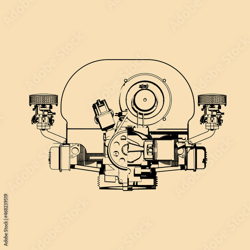 Sectional Drawing of an Aircooled Boxer Engine. Outline Style. Engineering Background. Vector Illustration. photo