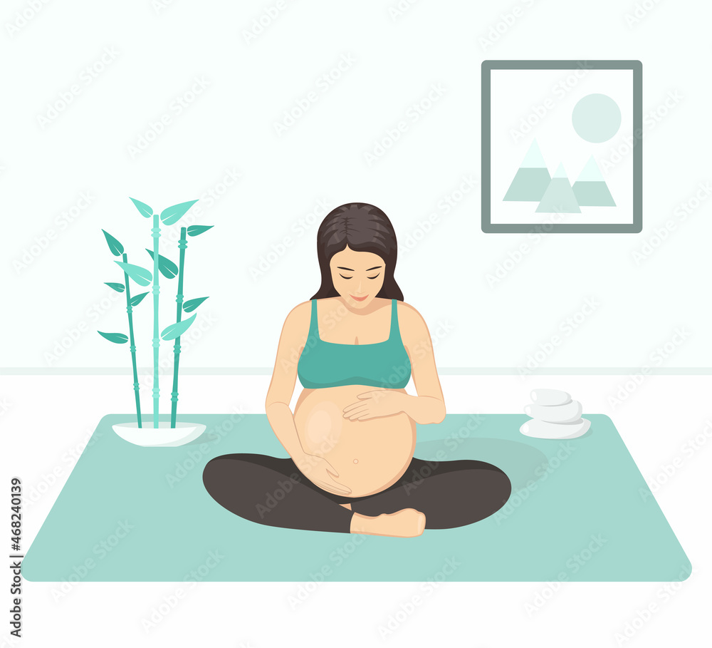 Fototapeta premium Pregnant woman practices yoga and meditation. Concept of motherhood, health care. Cartoon flat style. Vector illustration