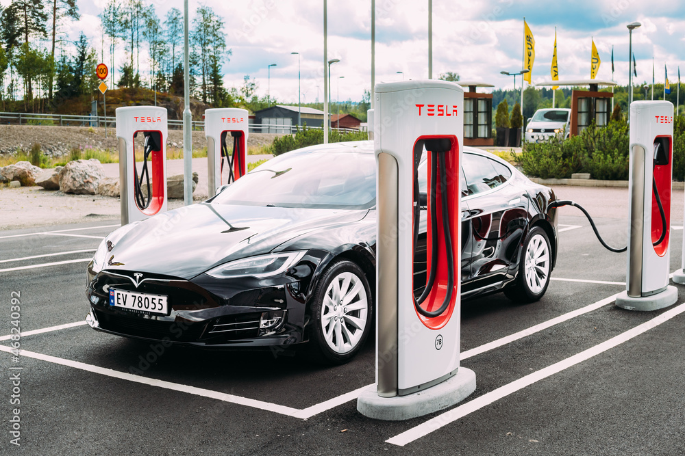 Black Color Tesla Model S 100d Car Parked At Charging Station. The ...