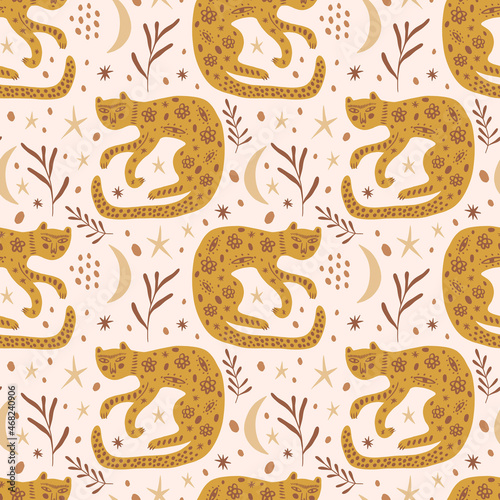 Boho leopards seamless pattern doodle folk style cute animal hand drawn flat vector illustration adorable funny exotic animals and leaves cloth print