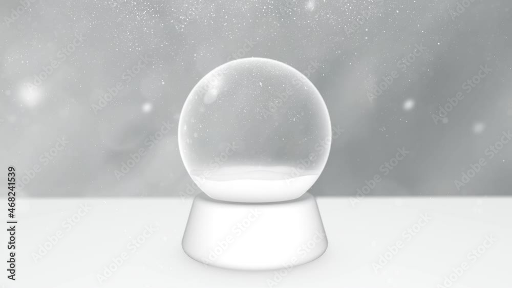 Bright clean  snow globe on white background with falling glitter snowflakes. Concept holiday christmas ornament souvenir. 