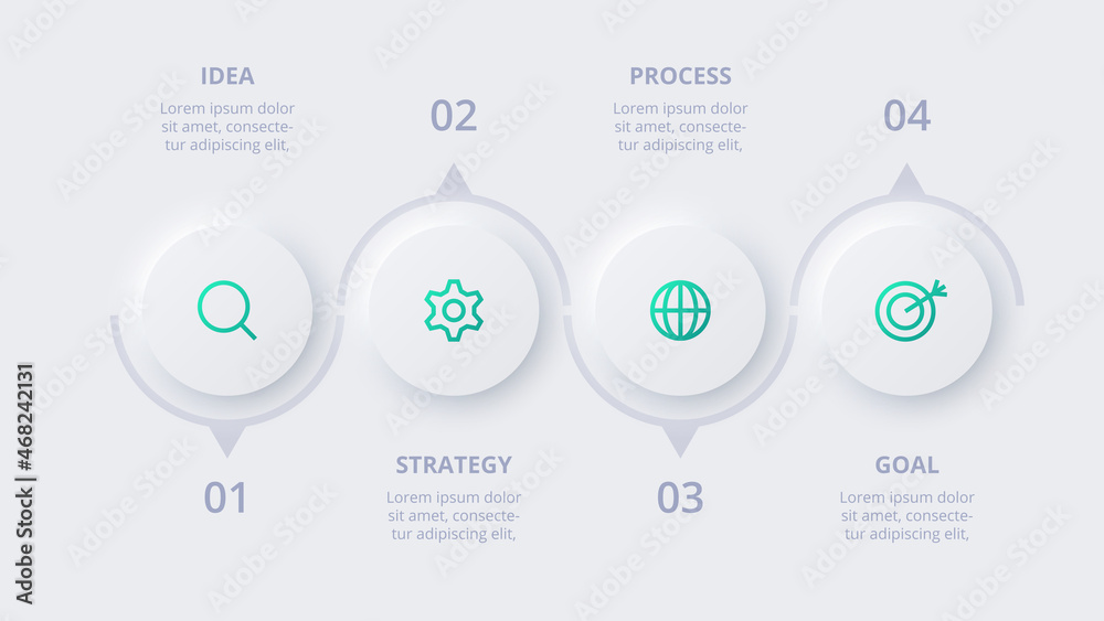 Neumorphic flow chart infographic. Creative concept for infographic with 4 steps, options, parts or processes. Neumorphic flow chart infographic. Creative concept for infographic with 4 steps, options, parts or processes.