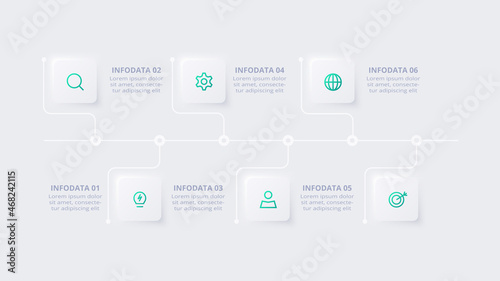 Neumorphic flow chart infographic. Creative concept for infographic with 6 steps, options, parts or processes.