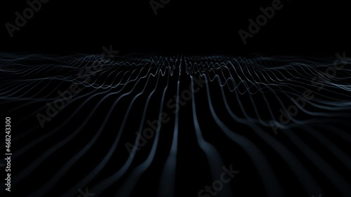 Wavy digital network white waving lines on black clean background. Seamless loop minimalistic modern animation.