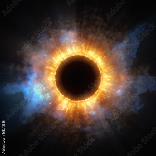 Full Eclipse of sci-fi fantasy star in outer space. Abstract astronomy or cosmic event, ring of fire with sunbeam. galactic explosion, chaos blaze or celestial aura. Center copy space for text or logo