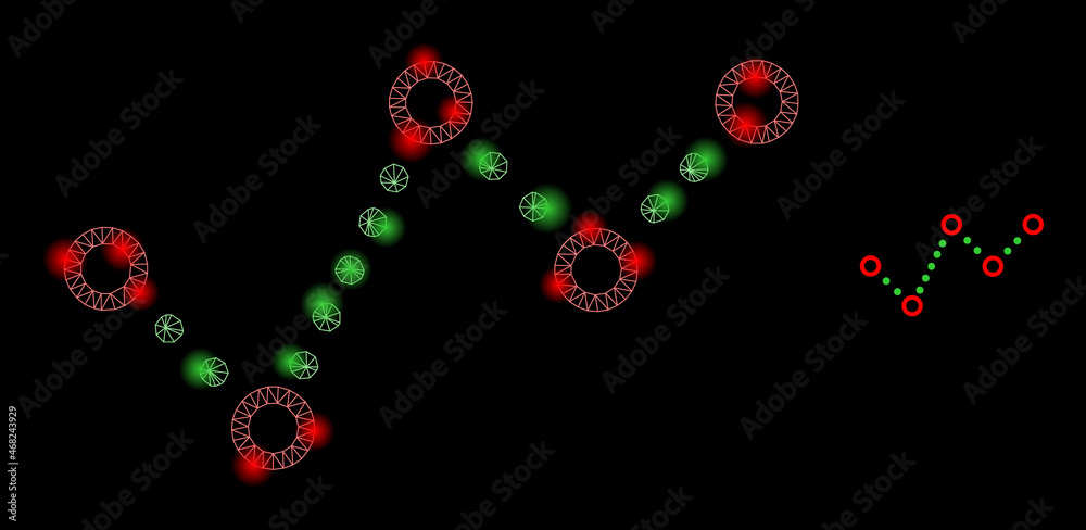 Glossy polygonal mesh net dotted trend chart icon with glitter effect on a black background. Constellation dotted trend chart iconic vector with glowing spheres in majestic colors. Glossy polygonal mesh net dotted trend chart icon with glitter effect on a black background. Constellation dotted trend chart iconic vector with glowing spheres in majestic colors.