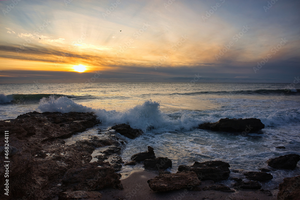 Sunrise with the rough sea on the Costa Azahar