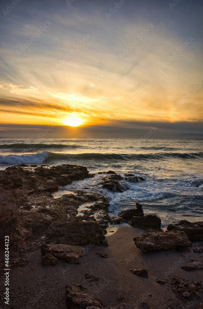 Sunrise with the rough sea on the Costa Azahar