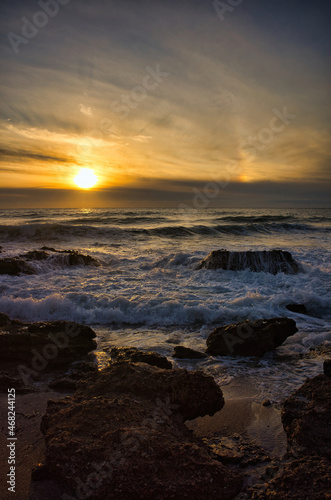 Sunrise with the rough sea on the Costa Azahar