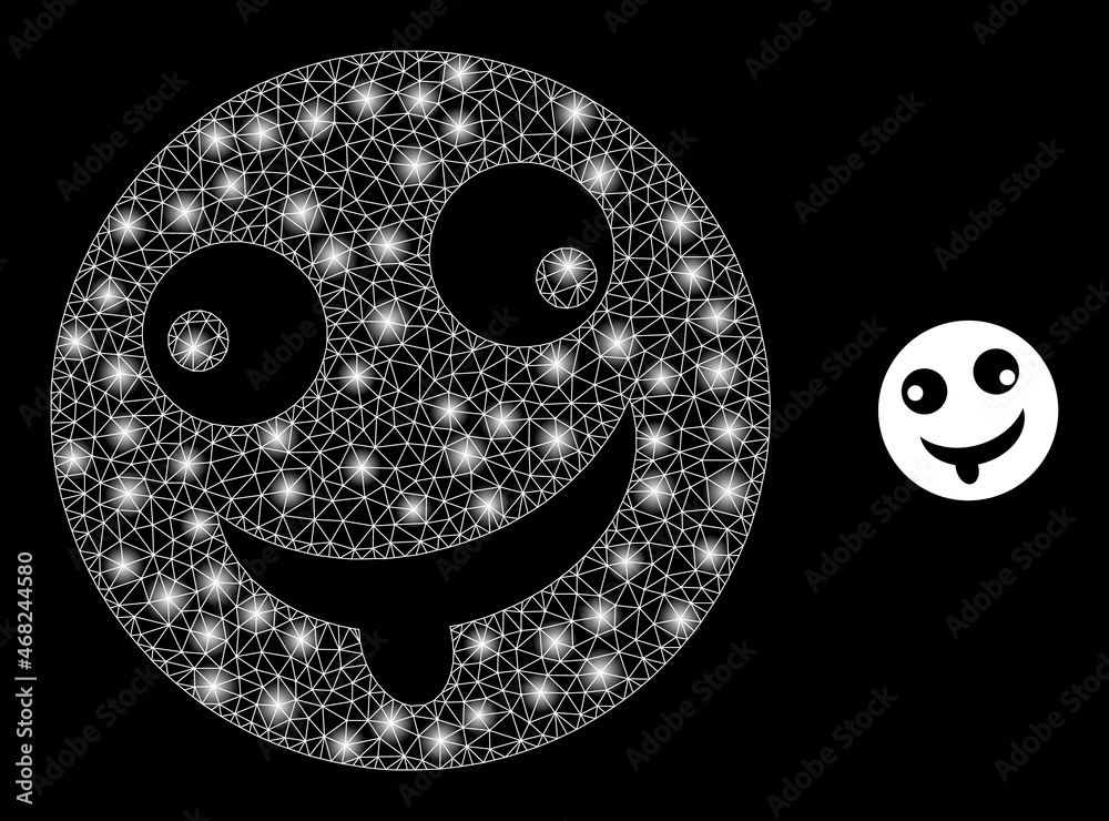 Fototapeta premium Glossy polygonal mesh web idiot smiley icon with glare effect on a black background. Wire frame idiot smiley iconic vector with glitter dots in stardust colors.