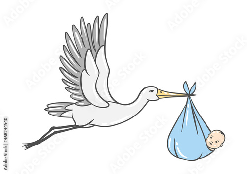 Illustration of stork carries newborn baby boy. Happy Birthday image. Holiday baby shower simbol.