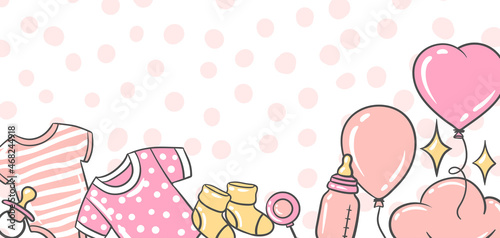 Happy Birthday greeting and invitation card. Holiday baby girl shower celebration simbols.