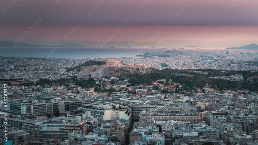 Aerial view of Acropolis and Athens city, sunset time lapse in Greece from the Lycabettus Hill Aerial view of Acropolis and Athens city, sunset time lapse in Greece from the Lycabettus Hill