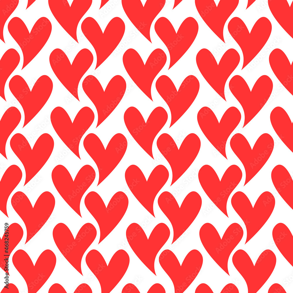 Hearts pattern. Seamless white background with red symbols of love. Hearts for Valentine day or wedding textile, wrapping. Vector hand drawn illustration