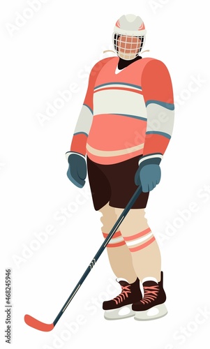 Female ice hockey player in hockey equipment. Hockey girl with stick . Winter team sport. Flat cartoon vector illustrations on white background.