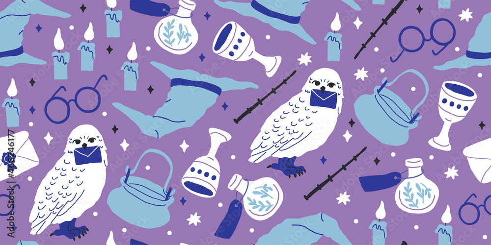 Seamless pattern: elements for witches and wizards in doodle style - owl, potion, round glasses, pot, kettle, white owl, letter, grail, goblet, witch hat, candles, book of spells. Kids magic pattern Seamless pattern: elements for witches and wizards in doodle style - owl, potion, round glasses, pot, kettle, white owl, letter, grail, goblet, witch hat, candles, book of spells. Kids magic pattern