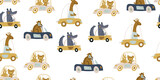 Vector seamless pattern with cute animals driving car, truck - bear, crocodile, giraffe, lama, hippo, monkey, cat, rabbit on white background. childish seamless pattern for boys and girls