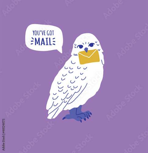 Cartoon vector illustration with white owl holding letter in claw with speech bubble. Owl mail illustration.