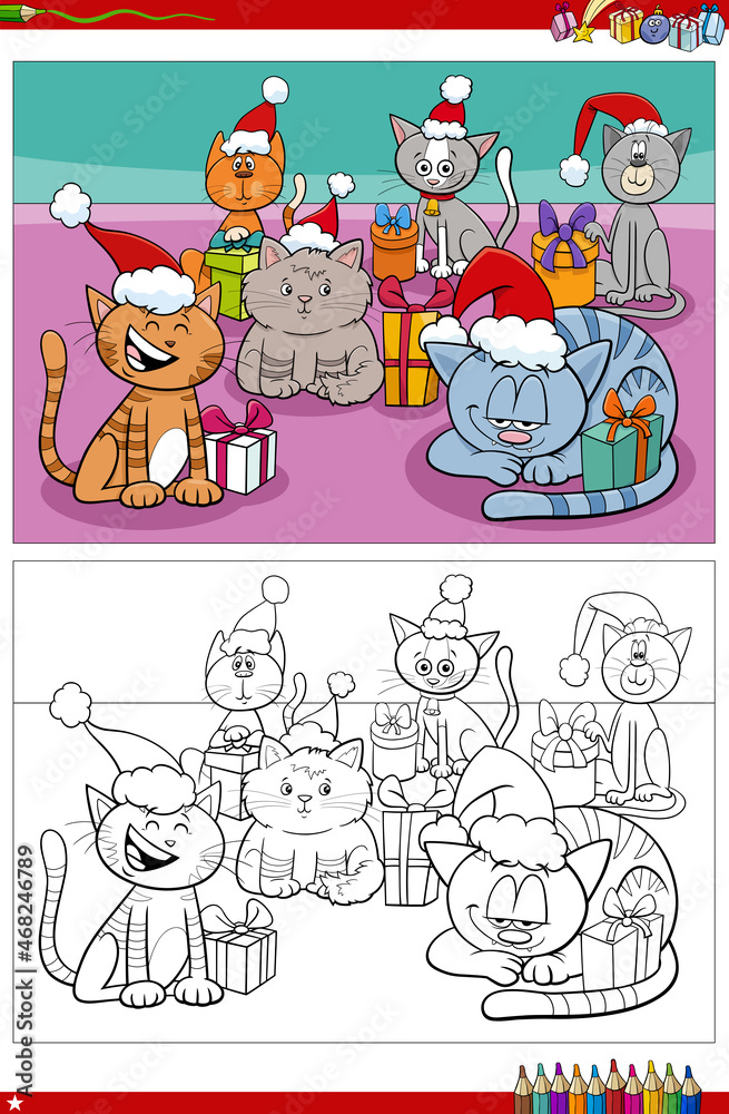 cartoon cat characters on Christmas time coloring book page