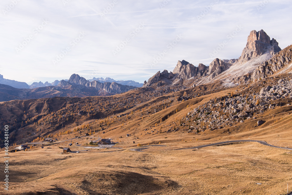 Scenic mountain landscape seen at Passo Giau near Cortina d'Ampezzo in the italian Dolomites