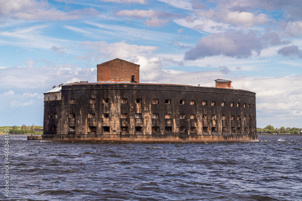 Russia. Saint-Petersburg. August 15, 2021. Fort Alexander 1 is located along the fairway of the southern coast of Kronstadt.