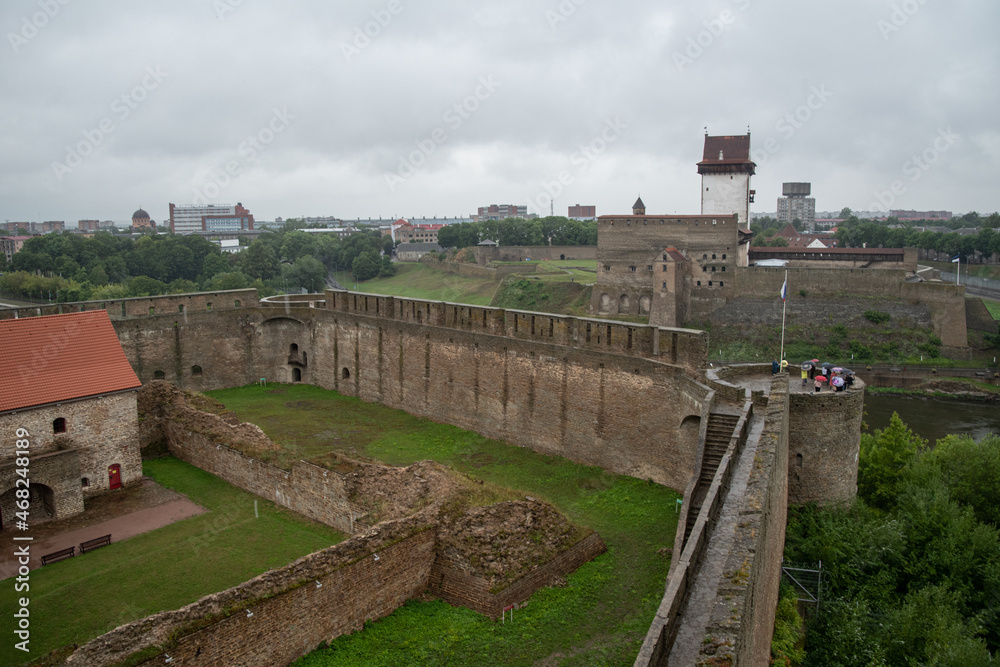 View to Narva castle and Narva river from walls of Ivangorod forteress. Invangorod, Russia