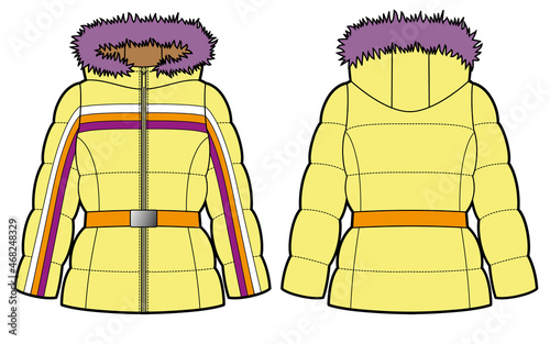 Womans belted yellow down jacket with lilac fur on the hood.