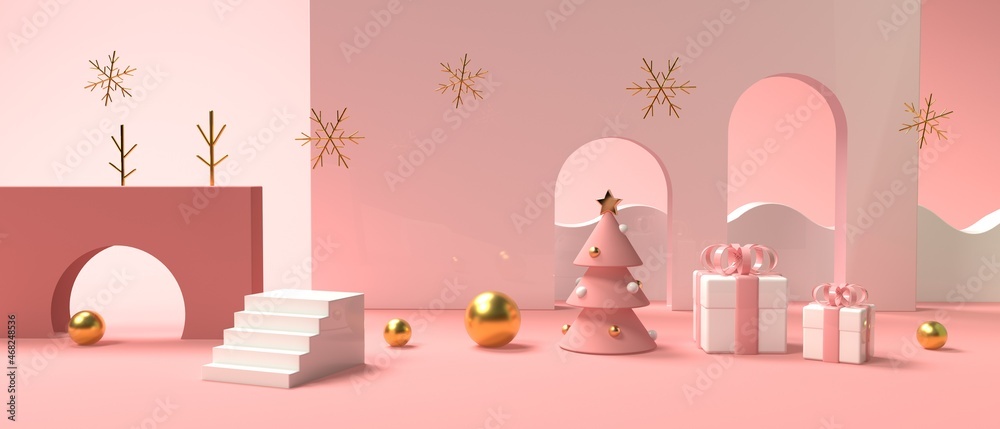 Christmas decoration with geometric shapes - 3D render illustration - obrazy, fototapety, plakaty 
