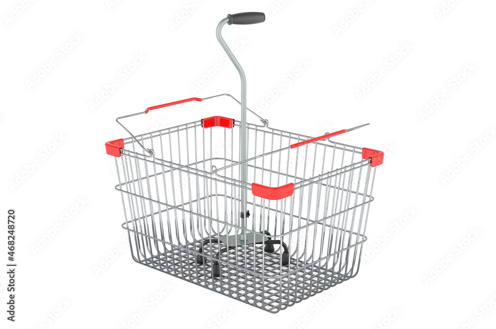 Shopping basket with adjustable quad walking cane, 3D rendering Shopping basket with adjustable quad walking cane, 3D rendering