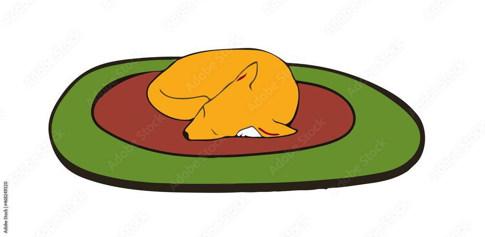 The ochre dog is curled up and sleeping on the carpet The ochre dog is curled up and sleeping on the carpet