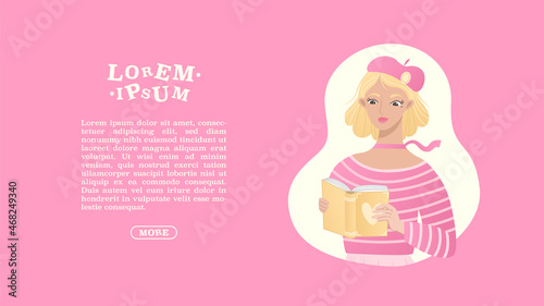 Young girl poet standing and reading her poetry book. Literature poem corses landing page background. World poetry day web banner template. Colorful flat vector cartoon style character illustration.