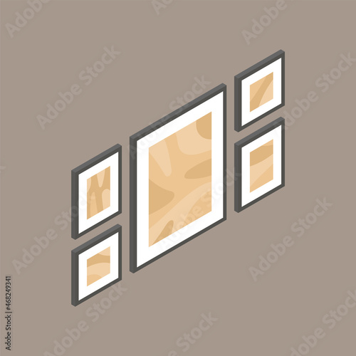 Isometric 3d picture frame set. Abstract interior posters collection. Minimal Scandinavian style home posters. Furniture decor elements isolated on dark beige. Isometric 3d vector illustration.