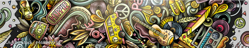 Hippie hand drawn doodle banner. Cartoon detailed illustrations.