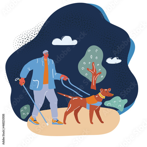 Vector illustration of man with guide dog in park over dark background.