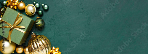 Christmas green banner with golden decoration, holiday festive frame