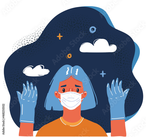 Vector illustration of woman wearing protective mask and latex or rubber gloves over dark background.