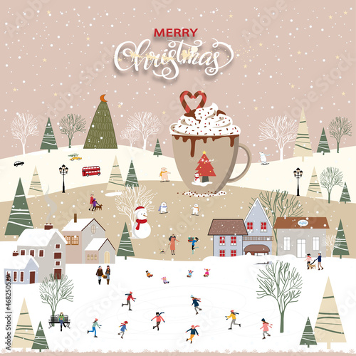 Winter wonderland lanscape in the town with hot schocolate mug decoations,kids and polar bear playing ice skates in the park,Winter city nightlife on holiday eve,Christmas and new year 2022