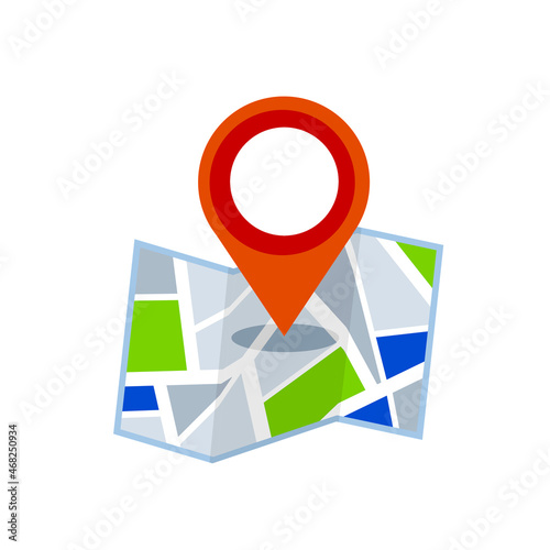 Pin on the city and street map. Navigation icon and route search. Tourism and travel. Flat Paper map