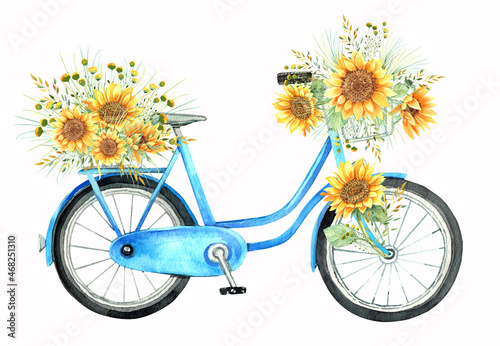 Sunflowers bouquet, blue bike, bicycle.  Isolated elements on a white background. Hand painted in watercolor.