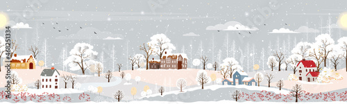 Seamless pattern Winter landscape at night in countryside background,Vector endless horizontal banner winter wonderland with house and forest pine tree,Backdrop for Celebrating Christmas and New Year