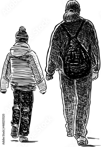 Freehand drawing of parent with his child walking outdoors