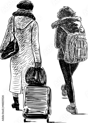 Hand drawing of mother and teenage daughter going on road trip together
